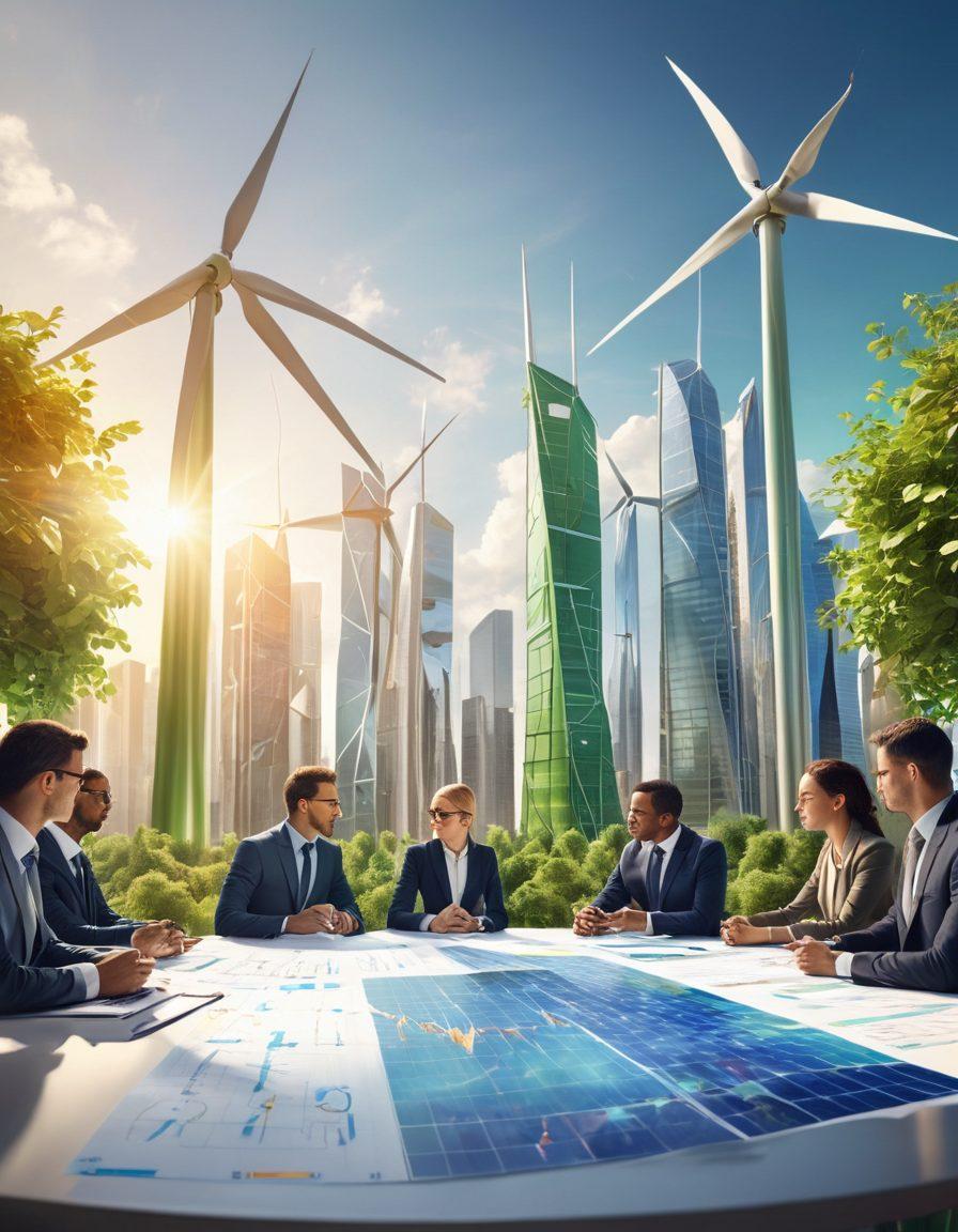 A futuristic cityscape featuring green skyscrapers integrated with nature, solar panels and wind turbines in the background. A diverse group of professionals collaborating at a table with financial charts and risk assessment tools, showcasing elements of sustainability. Bright sunlight casting soft shadows, symbolizing hope and progress. super-realistic. vibrant colors. 3D.