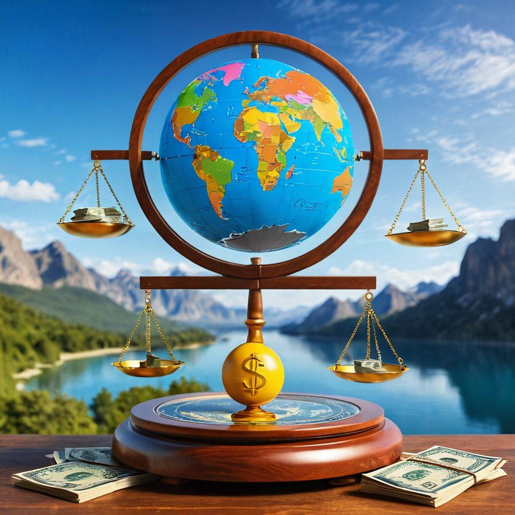 A globe surrounded by balancing scales indicating international finance, with currency symbols floating around and a serene landscape in the background representing stability. Colorful charts and graphs emerge from the globe, symbolizing effective strategies for financial health. Bright and inviting atmosphere. super-realistic. vibrant colors. digital art.