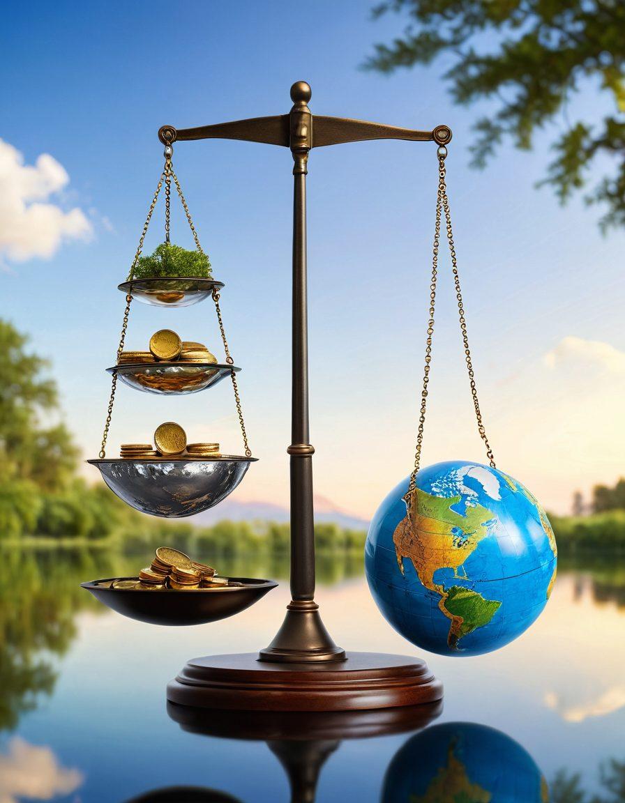 A balanced scale symbolizing financial stability, with one side holding coins and the other side containing a globe. A serene landscape in the background representing global unity and harmony. The image should evoke a sense of balance and tranquility with vibrant colors accentuating the details. super-realistic. vibrant colors. 3D.
